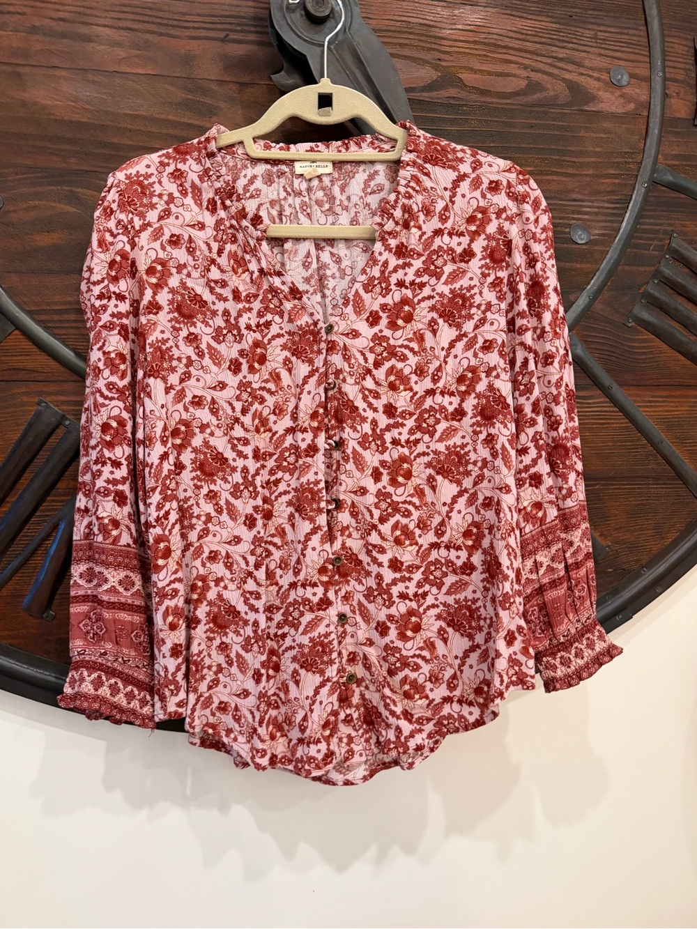 Lightweight Floral Button-Front Blouse - Pink & Rust